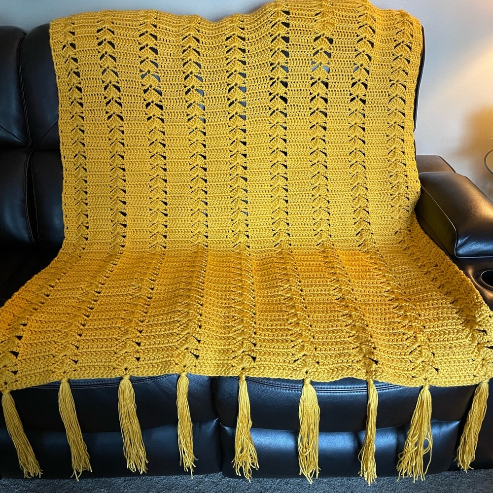 Yellow Crochet Afghan with Tassels - handmade